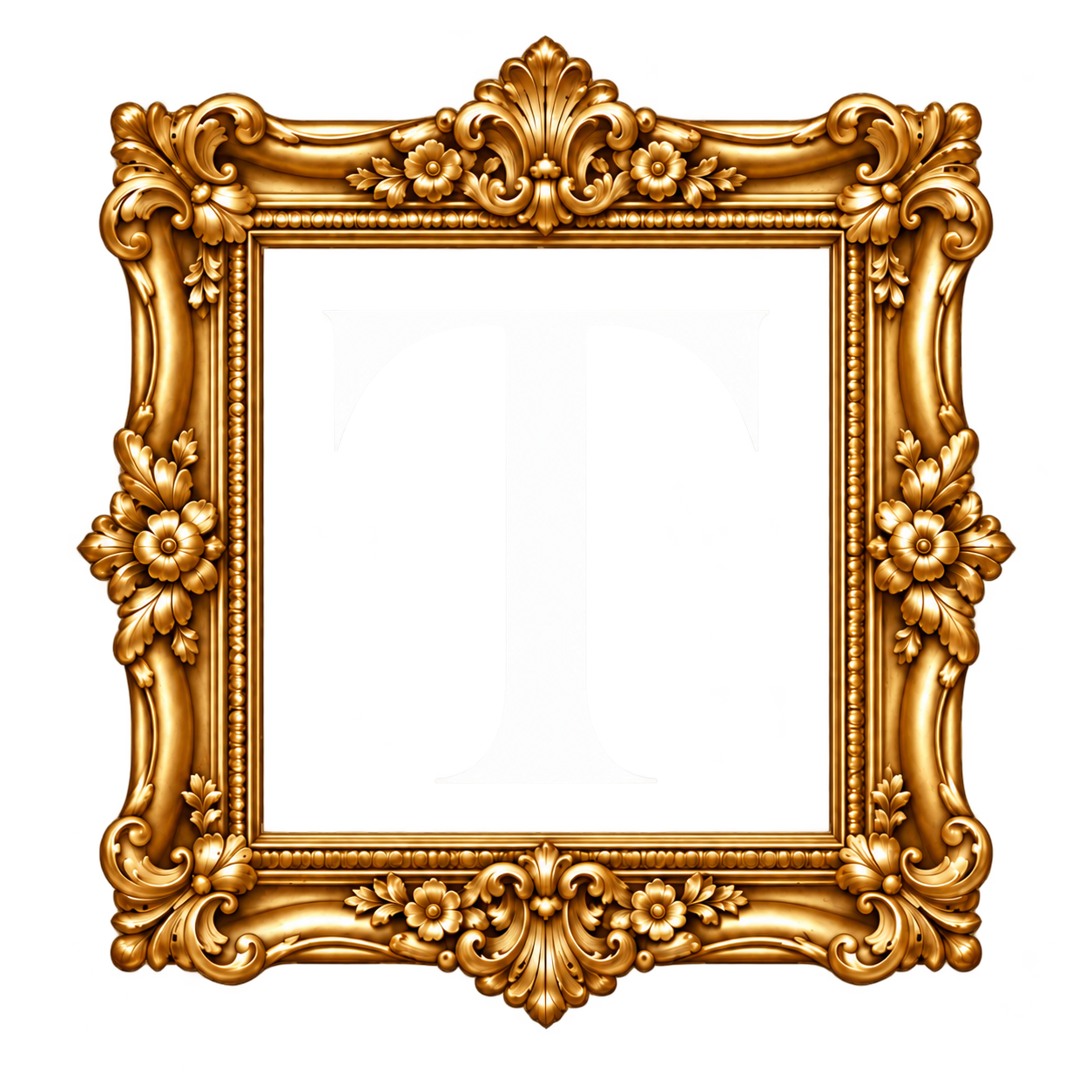 Teserra logo: a white T inside an ornate gold frame